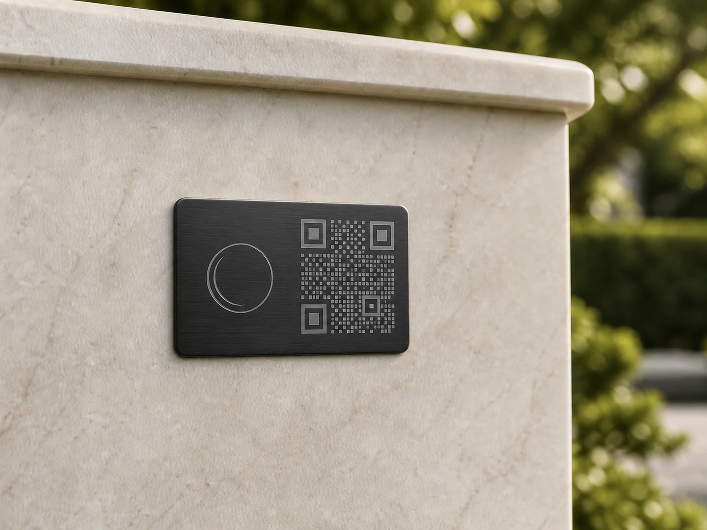 Esempio di una piccola targa commemorativa nera in alluminio anodizzato con QR code applicata sulla pietra